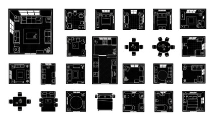 House Floor Plan Icons – Black Silhouette Furniture Layout Aerial View Design Set