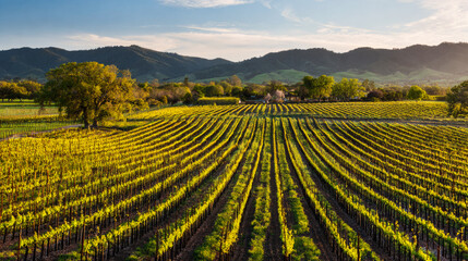 Serene vineyard landscape with orderly grapevine rows under natural sunlight, evoking tranquility and growth.
