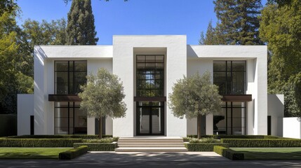 Impressive and sophisticated modern luxury villa featuring a sleek symmetrical facade grand entrance and well manicured landscaping in a serene natural setting