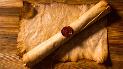 Ancient parchment scroll with wax seal, evoking historical documents on a rustic wooden surface.
