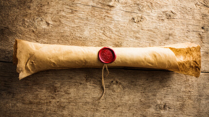 Ancient parchment scroll with wax seal, evoking historical documents on a rustic wooden surface.
