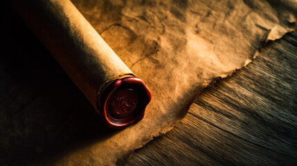 Ancient parchment scroll with wax seal, evoking historical documents on a rustic wooden surface.
