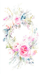 wreath,brush,roses,watercolor,craft,creative,design,floral,petal,painting,elegant,pink,art,delicate,arrangement,decoration,beautiful,white,leaf,flowers
