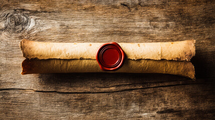 Ancient parchment scroll with wax seal, evoking historical documents on a rustic wooden surface.
