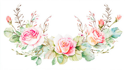 Delicate watercolor floral wreath featuring pink roses, softly illuminated with elegant composition.
