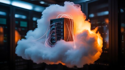 Server rack amidst swirling clouds and glowing wires