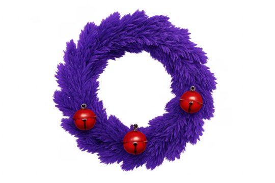 Purple christmas wreath with red bells on transparent background - Powered by Adobe