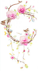 Delicate watercolor floral wreath featuring pink roses, softly illuminated with elegant composition.
