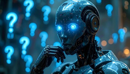A futuristic robotic figure ponders questions. The robot's glowing blue eyes and question marks create a thoughtful and intriguing image