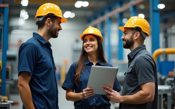Two Male and a Female Factory Employees Standing in a High Tech Manufacturing Facility, Discussing Operations and Production Machinery. Diverse Employees Wear Safety Gear and Use a Laptop Computer