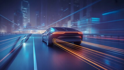 Fototapeta premium Sleek futuristic car speeding through neon city rear view