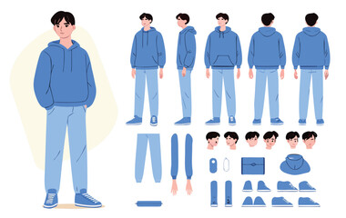 Teenage boy, student wearing korean style hoodie. Character constructor for animation. Front, side and back view set. Body parts, postures, poses collection. Vector illustration.  © RABBI