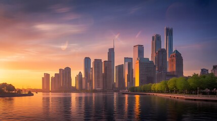 Obraz premium Urban skyline at sunset with river and trees cityscape
