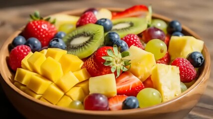 Vibrant fruit salad featuring strawberries, blueberries, kiwi, and mango served in a wooden bowl