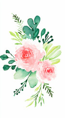 Delicate watercolor floral wreath featuring pink roses, softly illuminated with elegant composition.
