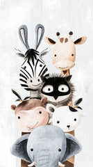 A watercolor illustration of safari animals in gentle pastel tones.
