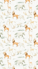 A watercolor illustration of safari animals in gentle pastel tones.
