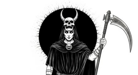 Eerie Grim Reaper with Skull Helm and Scythe - A dark and mysterious symbolizing death, the afterlife, occult, gothic aesthetics, and power