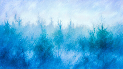 A serene winter forest landscape with misty blue tones, evoking a peaceful and dreamy atmosphere.
