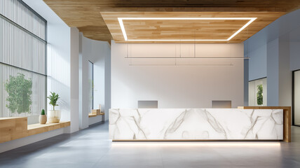 Fototapeta premium Lobby reception area with marble counter architecture and wood paneling style design