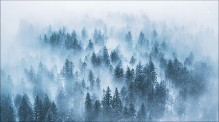 A serene winter forest landscape with misty blue tones, evoking a peaceful and dreamy atmosphere.
