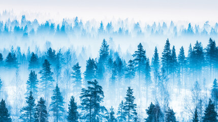 A serene winter forest landscape with misty blue tones, evoking a peaceful and dreamy atmosphere.
