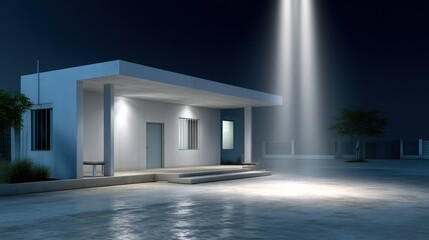 Night-lit small building, spotlight illuminates