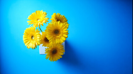 Bright yellow gerbera flowers in a simple vase against a vibrant blue background.
