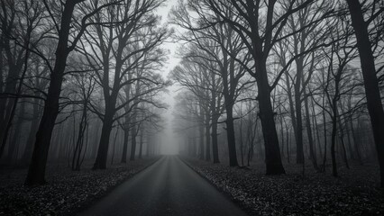 Obraz premium Mysterious Foggy Forest Road Surrounded by Tall Bare Trees in Dark Misty Atmosphere