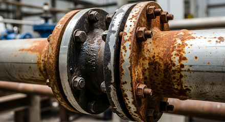 Rusted Industrial Pipe Flange Connection with Bolts.