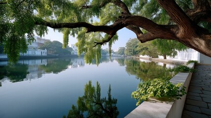 Tranquil canal scene with lush overhanging trees and reflections