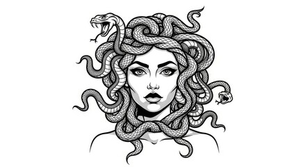 Medusa Portrait Black And White Illustration - Striking black and white illustration of Medusa, the Gorgon from Greek mythology, featuring snakes for hair and a captivating gaze