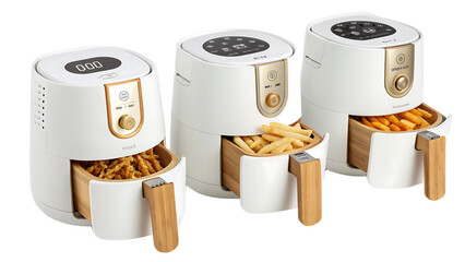 Three white air fryers with wooden handles and drawers filled with fried food on a white background