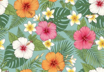 Exuberant tropical floral pattern featuring hibiscus and plumeria blossoms