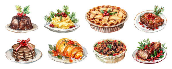 PNG Festive holiday desserts and dishes, element set on transparent background