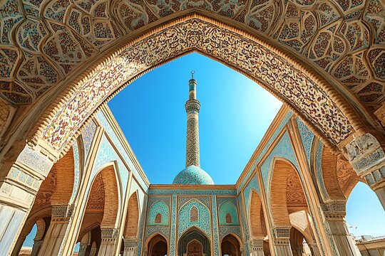 Jameh Mosque of Isfahan, Iran with Ornate Arches, Islamic Minaret, and Persian Architecture
