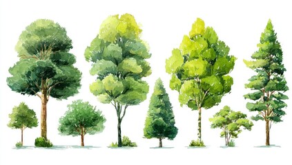 Watercolor illustration of various trees