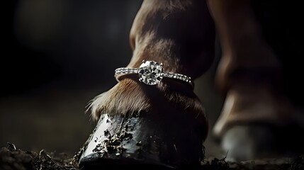 Diamond ring balanced on horse’s hoof under cinematic spotlight, conceptual luxury jewelry advertising blending strength and elegance
