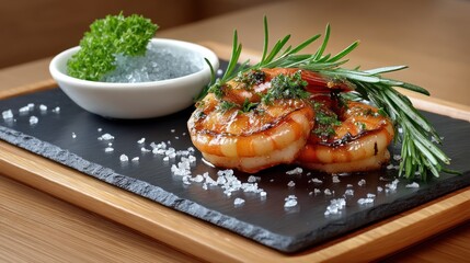 Grilled shrimp with rosemary and a light blue sauce