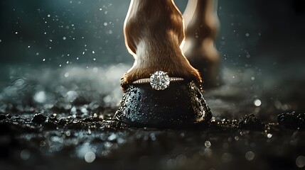 Diamond ring balanced on horse’s hoof under cinematic spotlight, conceptual luxury jewelry advertising blending strength and elegance

