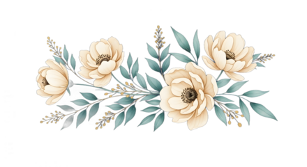 Elegant watercolor floral arrangement with soft cream flowers and teal leaves.