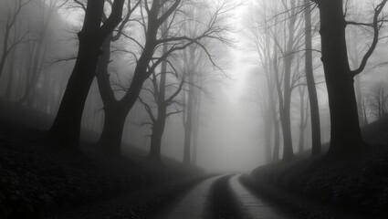 Obraz premium Foggy Forest Path Between Ancient Trees with Wet Reflective Road in Dark Misty Ambience