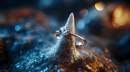 Macro shot of diamond ring delicately balanced on unicorn’s horn, surreal luxury jewelry editorial with cinematic lighting and dreamlike atmosphere
