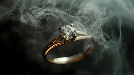 Diamond ring dissolving into smoke and shadows, surreal conceptual product shot symbolizing fragility of forever in artistic luxury style
