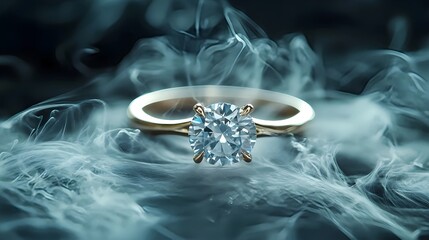 Diamond ring dissolving into smoke and shadows, surreal conceptual product shot symbolizing fragility of forever in artistic luxury style
