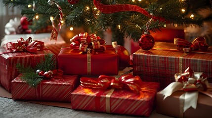 Beautiful Christmas gift boxes on floor near fir tree in room