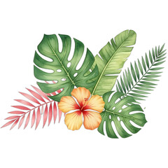 Naklejka premium Tropical floral arrangement with hibiscus flower and lush green leaves.