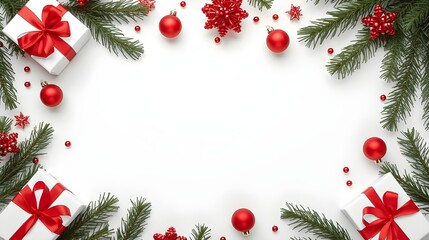 Christmas fir branches, gift boxes with red ribbon, red decoration, sparkles and confetti on white background. Xmas and New Year greeting card, winter holiday. Flat lay, top view