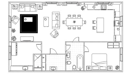Black Line Furniture Icons – Aerial View House Interior Arrangement Vector Set