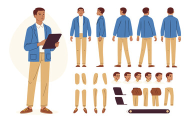 Fashionable business man holding tablet. Character constructor for animation. Front, side and back view set. Body parts, postures, poses collection. Vector illustration.